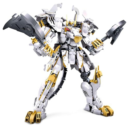 HIGH GODO Mech Robot Building Blocks Set for Adults, Flexible Cool White Tiger Warrior Model Kit with Two-Handed Axes Weapon Toy Playset, 679 Pieces Creative Mythical Ninja Gifts for Man Teens 14+ - color: White-1