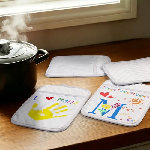 Cinrobiye 12 Set DIY Pot Holder Craft Kit with Pocket, Classroom Craft Activity Set with White Heat Resistant Hot Pads, Markers & Stencils, Handmade Kitchen Gift Kit for School & Group Projects