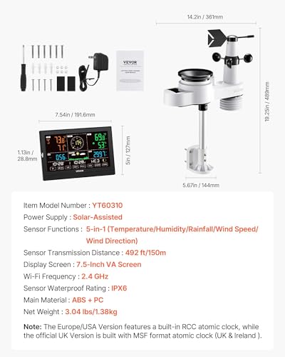 VEVOR 5-in-1 Wireless Weather Station, 7.5-Inch VA Display, Solar Powered Outdoor Sensor, Rain Gauge, Indoor Outdoor for Weather Forecast, Temperature, Humidity, Wind Speed and Direction (No WiFi) - style: Modern