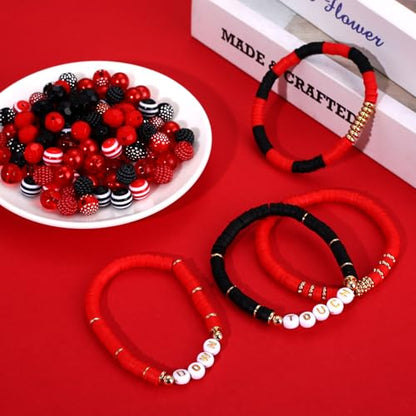 2200PCS+ Game Day Beads Charms for Bracelet Making Polymer Clay Beads Crystal Pearl Letter Gold Spacer Beads Football Charms for Game Day Bracelet Necklace Making DIY Crafts - color: Red Black