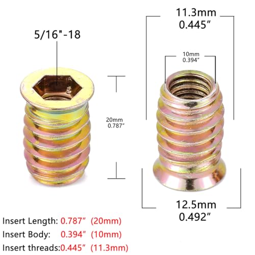 50 Pcs 5/16"-18x20mm Threaded Inserts for Wood for Furniture Reinforcement - size: 5/16"-18x20mm