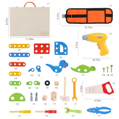 Phobby Wooden Tool Set with Drill & Belt Toy for Kids Ages 2 3 4 5 6, 60Pcs