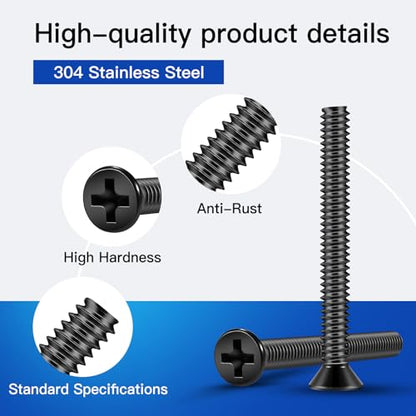 126Pcs Flat Head Phillips Electrician's Machine Screw Kit, Long Electrical Outlet Screw, #6-32#8-32, 304 Stainless Steel for Wall Plate Switch/Outlets,Mounting Electrical Extender, with Tool - color: Black, size: #6#8 126Pcs