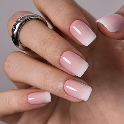 CurvLife Short Square Ombre Press On Nails, Soft Blush Pink, Soft Gel - color: Beige White Pink