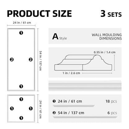 Peel and Stick Premade Wall Molding Kit, 3 Set Wainscoting - color: White-Modern A