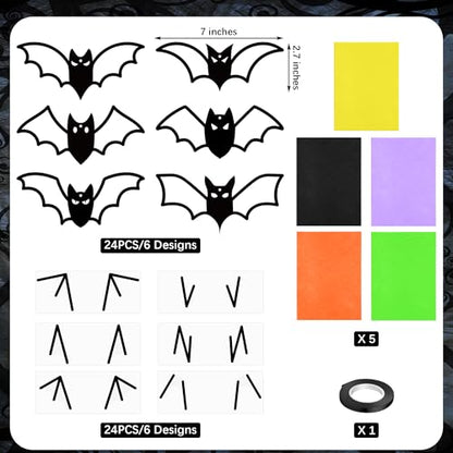 Aneco 24 Sets Halloween Bat Crafts Kits DIY Suncatcher Tissue Sign Paper Craft Halloween Hanging Decorations Window Art Ornaments Decor for School Party Holiday Home Activities - style: Halloween Bats