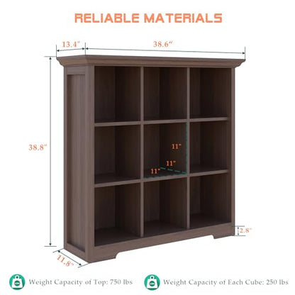 OSCHF 9-Cube Open Bookcase with Base, 3-Tier Wooden Bookshelf, Walnut - color: Walnut, size: 9-Cube