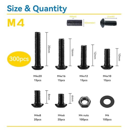 300Pcs M4 Screw Assortment Button Head Socket Cap, M4*6mm, 8mm, 10mm, 12mm, 16mm, 20mm, Metric Bolts Nuts Washers Kit with 1 Hex Allen Wrench, Black Zinc Plated Anti Rust Upgrade - size: M4 300Pcs 6mm-20mm