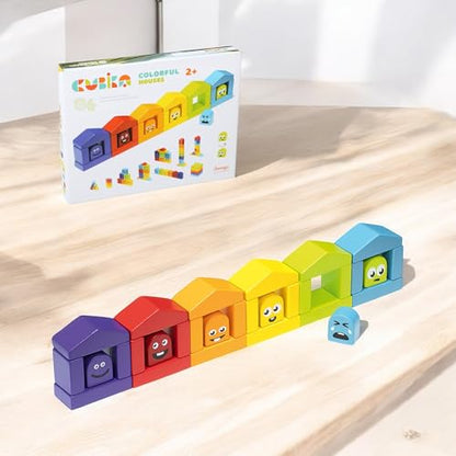 CUBIKA Wooden Construction Set Colorful Houses – 24-Piece Construction Play Set with Emotion Characters for Toddlers 2+– Montessori Toy for Creativity, Cognitive Development, and Emotion Recognition - style: Construction Set