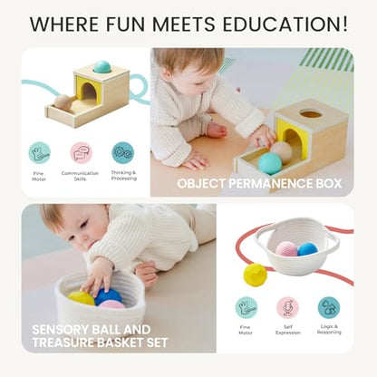 Tiny Land Montessori Toy Set for Babies 7-9 Months Senser Play Kit - 5-in-1 Wooden Learning Toys with Object Permanence Box, Sensory Ball, Stacking Cups and Mirror Puzzle,Body Board Book - style: 7-9M Educational Box