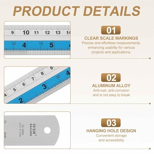HARFINGTON 2pcs Metal Straight Ruler 20cm Metric SAE Aluminum Alloy Measuring Rulers Scale Tools with Hole for Measure Study Reading Classroom Office, Blue - color: Blue, size: 20cm