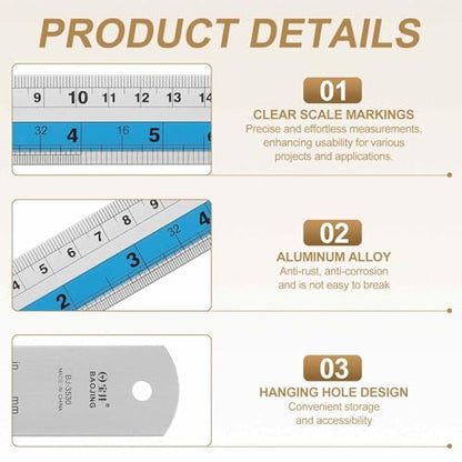 HARFINGTON 2pcs Metal Straight Ruler 20cm Metric SAE Aluminum Alloy Measuring Rulers Scale Tools with Hole for Measure Study Reading Classroom Office, Blue - color: Blue, size: 20cm
