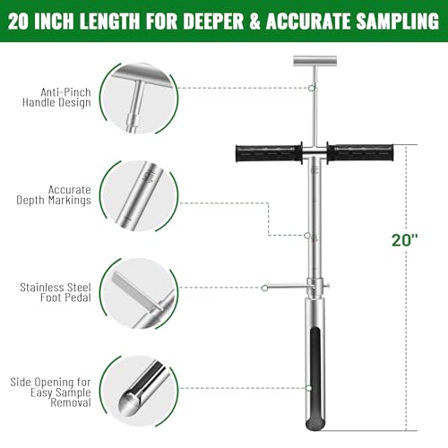 20 Inch Soil Sampler Probe, Stainless Steel Soil Core Sampling Tool with T-Handle, Heavy Duty Soil Probe for Lawn, Garden, Farm & Soil Testing - size: 20 inch