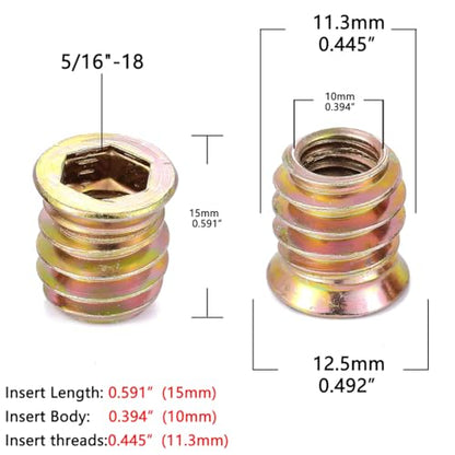 50 Pcs 5/16"-18x15mm Threaded Inserts for Wood for Furniture Reinforcement - size: 5/16"-18x15mm
