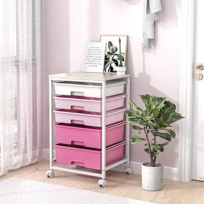 SYKIARIOL Utility Cart with Drawers,5 Drawers Storage Cart,Rose Pink - color: Rose Pink