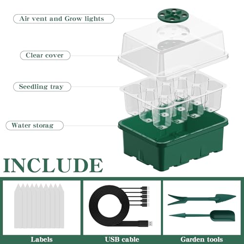 Seed Starter Tray with Grow Light, 5 Pack 60 Cells Seed Starter kit with Humidity Dome and Base, Plant Seedling Trays Indoor Greenhouse Gardening (Green 5 Pack) - color: Green 5 Pack