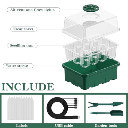 Seed Starter Tray with Grow Light, 5 Pack 60 Cells Seed Starter kit with Humidity Dome and Base, Plant Seedling Trays Indoor Greenhouse Gardening (Green 5 Pack) - color: Green 5 Pack