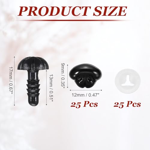 MECCANIXITY Safety Noses Black Plastic Craft Nose with Spacer for DIY Crochet Bears Dog Stuffed Animals Doll Making(12mm 25PCS)