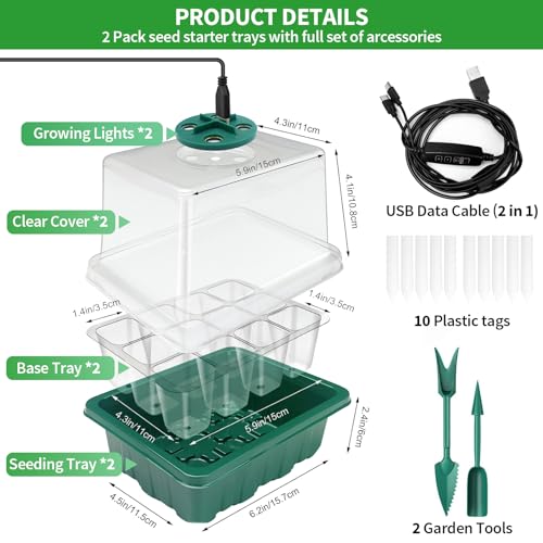 Seed Starter Trays with Grow Light Kit, 2 Pack Plant Greenhouse Propagator - size: 2-Pack (Green)