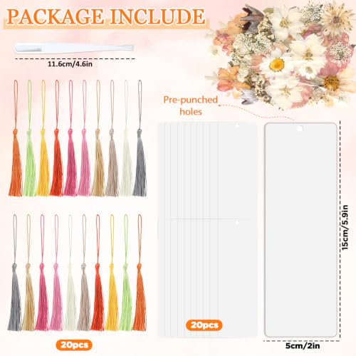 20 Sets Dried Flower Bookmark Making Kit Transparent Bookmark DIY Projects Craft Gift Bulk PET Sticker with Color Tassels and Tweezer for Classroom Activities Reading Award and Book Lovers (Boho) - style: Boho