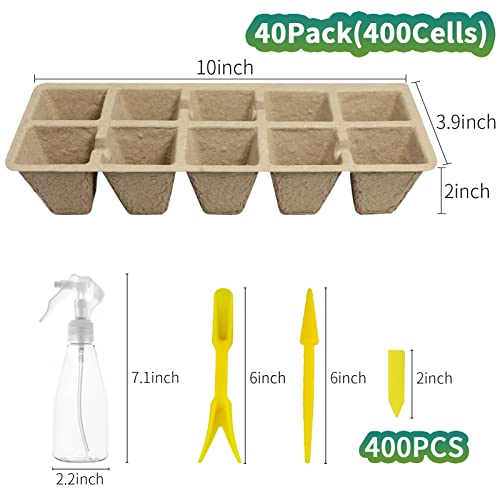 400Cells Seedling Start Trays with Drain Holes,40pcs Peat Pots Seedling Pots Biodegradable,Seedling Starter Kit,Organic Germination Plant Starter Trays(400xLabels,2xTransplant Tools,1xSpray Bottle) - size: 400cells-40pcs