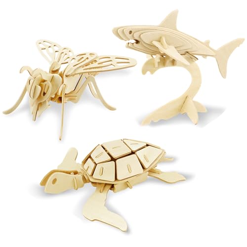 Georgie Porgy 3D Wooden Puzzles for Kids Toys Construction Woodcraft Kits DIY Model Puzzle Kits Birthday Gifts Pack of 3 (Bee Shark Sea Turtle) - color: Bee Shark Sea Turtle