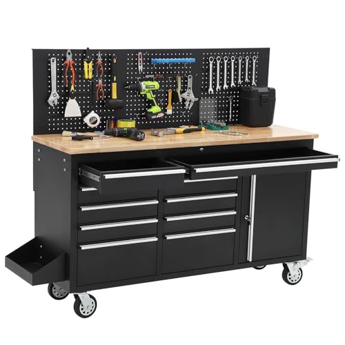 61-Inch Rolling Tool Chest with 10 Drawers & Power Strip, Solid Rubber Wood Top, 1675 LBS Load Heavy Duty Mobile Workstation, Locking System and Drawer Liners for Garage Warehouse Shop, Black - size: 61 In Matte Black