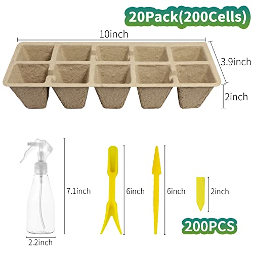 200Cells Seedling Start Trays with Drain Holes,20pcs Peat Pots Seedling Pots Biodegradable,Seedling Starter Kit,Organic Germination Plant Starter Trays(200xLabels,2xTransplant Tools,1xSpray Bottle) - size: 200cells-20pcs