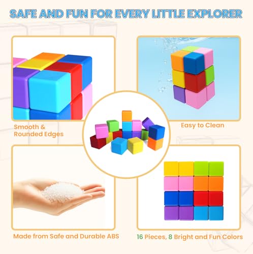16PCS Large Magnetic Blocks for Toddlers 1+, Big 1.65 Inch Cubes, 8 Colors - color: 16 Pieces
