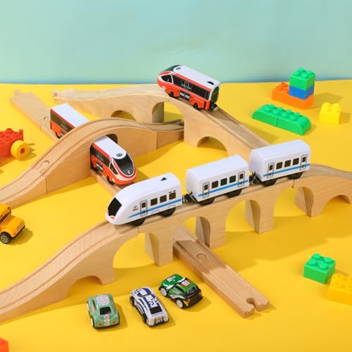 Halloscume 9 Pcs Wooden Train Track Set with Viaduct Bridge Arches