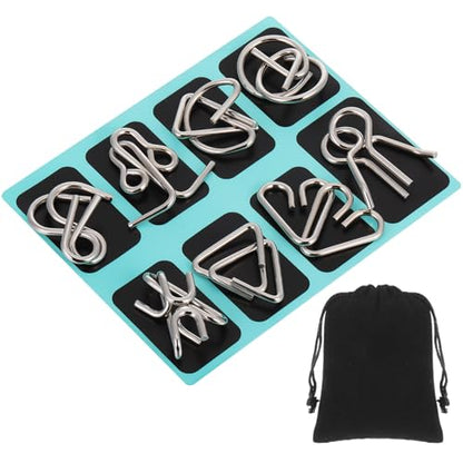 8 Pack Brain Teaser Puzzles Metal Wire Ring with Pouch, B Style - style: B Style