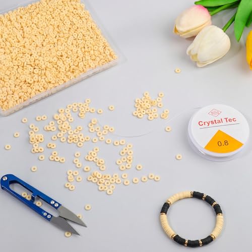 4000pcs Cream Yellow Clay Beads,6mm Heishi Bead Polymer Flat Round Disc Bulk Beads for Jewelry Making,DIY Friendship Bracelet and Necklace Craft - color: Cream Yellow