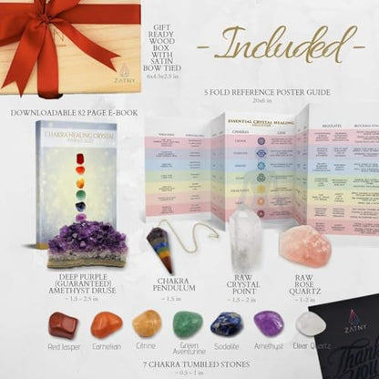 Crystals and Healing Stones Premium Kit Wooden Box - Chakra Stones Healing Crystals Set, Rose Quartz, Amethyst Cluster, Quartz Points, Chakra Pendulum (A Essential Chakra Collection) - color: A Essential Chakra Collection