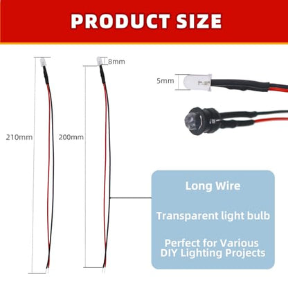 20PCS 12V 5mm Pre-Wired Red LED Diodes with Resistor, Includes 20 Black Mounts & 5-Meter Tape, for Classic 12V Indicator Lights, Switch Backlight, Alarm, and Panel Signals - color: Red