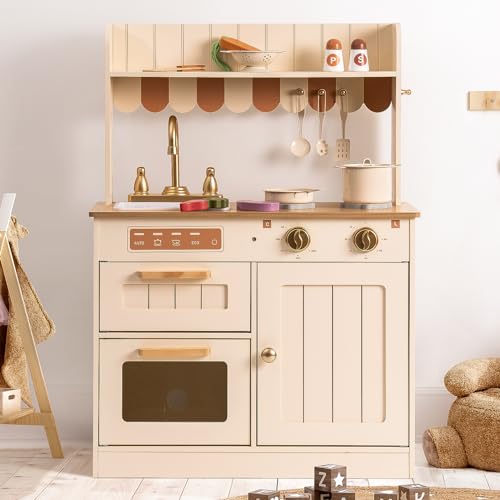 ROBOTIME Wooden Play Kitchen Set with Cutting Food, Ages 3+, 23in × 32in - color: Beige Color