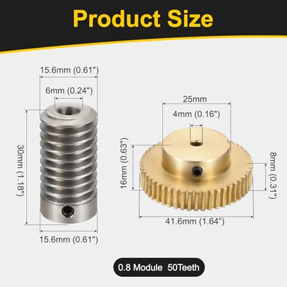 uxcell Worm Gear Set 50T 0.8 Module 1:50 Reduction Rate, Right Rotation Drive Gear Box Wheel Reduce Transmission Part (Brass Gear-4mm Bore, 1045 Steel Rod 6mm Bore) - size: Gear-4mm, Rod-6mm Bore, style: 0.8M-50T