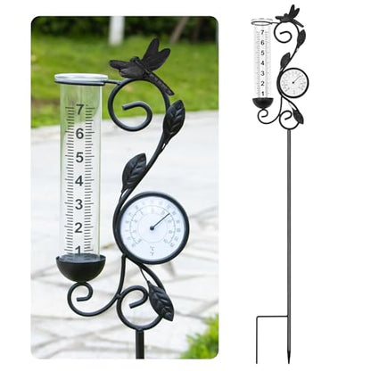 36in Dragonfly Rain Gauge Thermometer Black Metal Garden Stake Decor - color: Black Dragonfly
