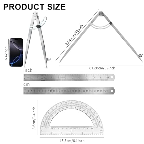 12 Inch Compass Geometry Tool with Protractor & Ruler - size: 12 inches