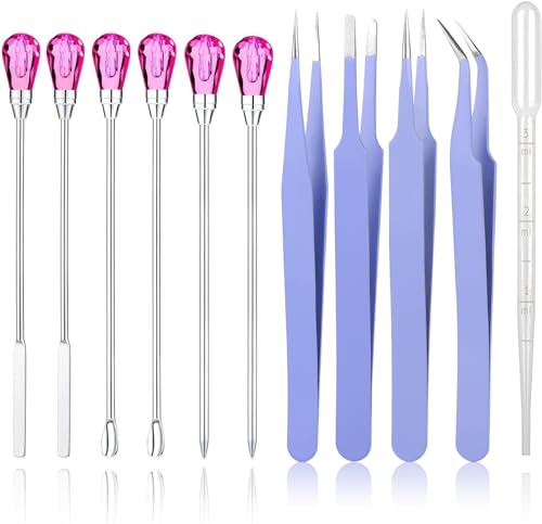 11 Pcs Silicone Resin Mold Tools Set Stirring Needle Spoon Tool Tweezers Precision Kit, Anti-Static Electronics Tweezers Set for Resin Art Crafts,Jewelry Making,Epoxy Casting Molds-Rose Red & Purple - color: Purple