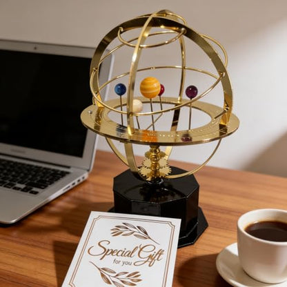Rotating Solar System Metal Ornament - Handcrafted Orrery Model with 5 Planets, Educational Desk Decor for Astronomy Enthusiasts, Home & Office Decoration (Black)