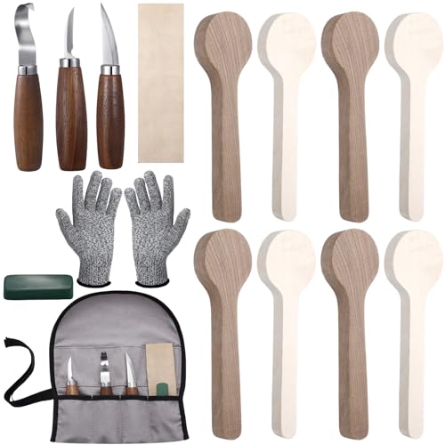 Gisafai 15 Pcs Spoon Carving Kit, Wood Whittling Kit, Spoon Blank and Knife