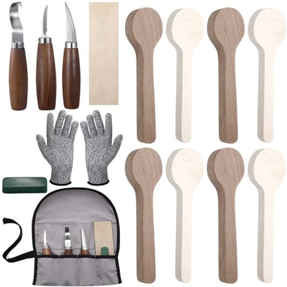 Gisafai 15 Pcs Spoon Carving Kit, Wood Whittling Kit, Spoon Blank and Knife