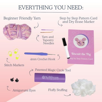 KelliDream Magic Circle Tool Inclusive Learn to Crochet Kit for Beginners; Step-by-Step Video Tutorials; All Supplies to Make Cute Amigurumi (Pig) - color: Pig
