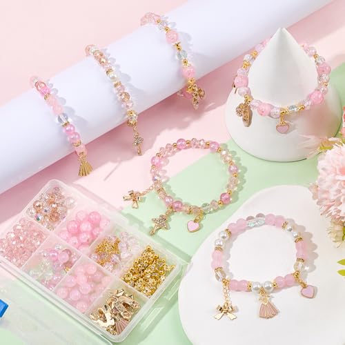 SUNNYCLUE 1 Box DIY 6 Sets Valentine's Day Glass Bead Bracelet Kit Dancer Charms Enamel Pink Heart Rhinestone Dance Dress Shoes Gold Bowknot Charms for Jewelry Making Kits Beginner Wedding Supply - style: Dance 4