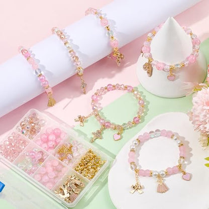 SUNNYCLUE 1 Box DIY 6 Sets Valentine's Day Glass Bead Bracelet Kit Dancer Charms Enamel Pink Heart Rhinestone Dance Dress Shoes Gold Bowknot Charms for Jewelry Making Kits Beginner Wedding Supply - style: Dance 4
