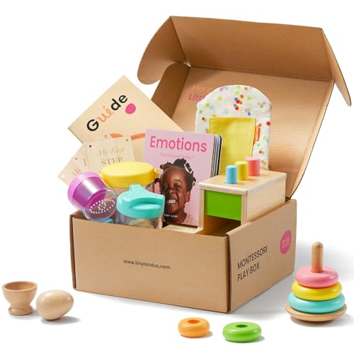 Tiny Land Montessori Toy Set for Babies 1 Year Old Thinker Play Kit- 5-in-1 Wooden Learning Toys with Peg Drop Box, Rocking Stacker, Egg Cup, Canister Set, and Crinkle Bag - style: 10-12M Educational Box
