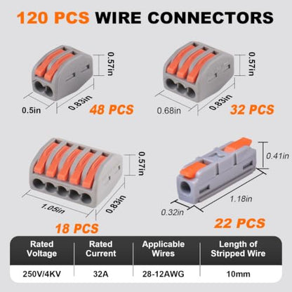 120PCS AVARBUVO Lever Wire Connectors, Quick Wire Connectors Push-in, 2/3/5 Port Combination Kit with 1 in 1 Out Inline Terminals for Splicing 28-12 AWG - size: 120PCS