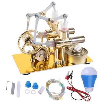 MagicTech Hot Air Stirling Engine Double Cylinder Electricity Power Metal Physics Assembly Model Golden JY38 - size: 6.3 x 3.43 x 4.6 Inch