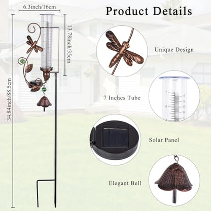 Solar Rain Gauge Outdoor, 7" Tube Dragonfly Rain Gauges - color: Dragonfly