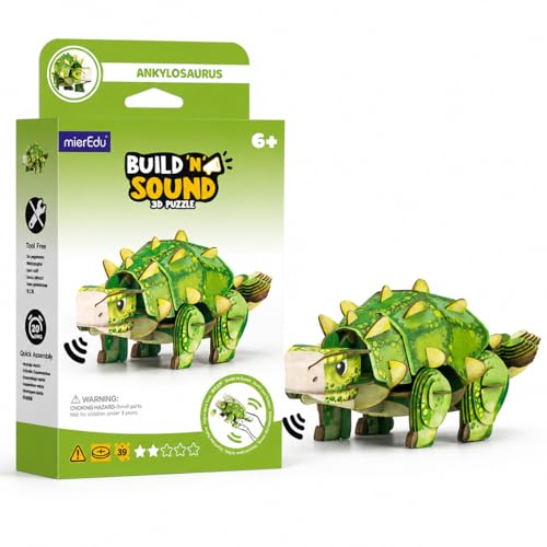 MierEdu Build 'N' Sound 3D Puzzle for Kids, Animal Puzzle with Sound Module, Educational STEM Craft Kit, FSC Paper Model Building Toy Gift for Ages 6+ - color: Ankylosaurus